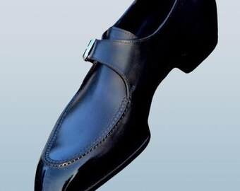 Handmade Bespoke Black Leather Monk Strap Shoes | Custom Formal Dress Shoes for Men