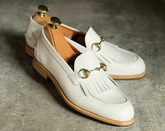 Handmade White Leather Fringe Loafers | Men's Dress Shoes