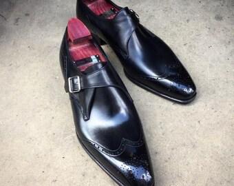 Men's Handmade Black Leather Monk Strap Shoes | Formal Bespoke Oxford