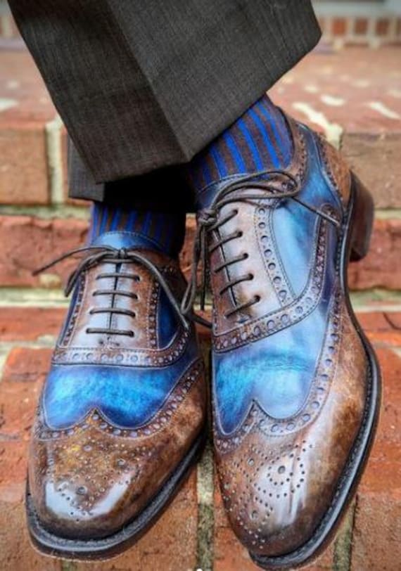 Bespoke Handmade Two Tone Blue & Brown Wingtip Brogues | Leather Oxford Shoes For Men | Custom Dress Shoes for Men