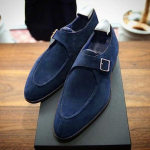 Handmade Navy Blue Suede Leather Monk Strap Shoes | Men's Elegant Formal Dress Shoes | Custom Italian Style Footwear