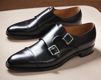 Handmade Black Leather Double Buckle Monk Shoes | Formal Dress Shoes