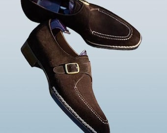 Handmade Brown Suede Monk Strap Shoes | Bespoke Stitch Detail