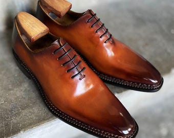 Handmade Brown Patina Leather Oxford Shoes | Classic Formal Dress