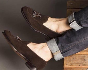 Handmade Brown Suede Tassel Loafers | Men's Slip-On Dress Shoes