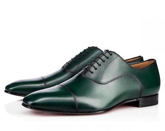 Handmade Green Leather Oxford Shoes | Men's Cap Toe Dress Shoes