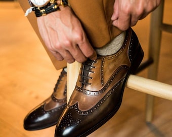 Handmade Two-Tone Leather Wingtip Oxford Shoes | Classic Brogue Dress Shoes