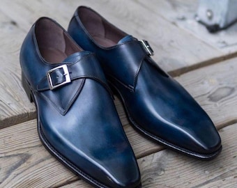Handmade Blue Leather Monk Strap Shoes | Elegant Men's Formal Footwear