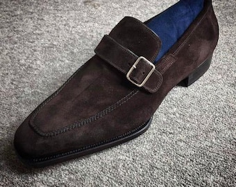 Handmade Brown Suede Monk Strap Shoes | Men's Dress Loafers