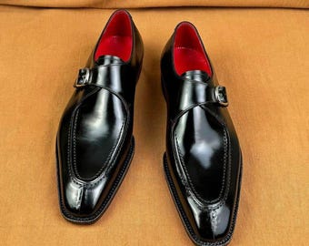 Handmade Black Leather Monk Strap Shoes | Square Toe Formal Shoes