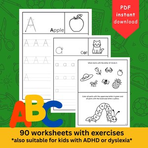 Könnte beinhalten: Lehrreiche Arbeitsblätter für Kinder mit dem Alphabet. Die Arbeitsblätter umfassen das Nachzeichnen von Buchstaben, Zuordnungsübungen und Illustrationen eines Apfels und einer Katze. Der Text "90 Arbeitsblätter mit Übungen *auch geeignet für Kinder mit ADHS oder Legasthenie*" ist ebenfalls enthalten.