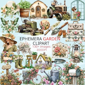 Vintage Garten Ephemera Clipart - Druckbare botanische Blumen & Collage Kit, Shabby Chic Junk Journal Tags, Digitales Scrapbooking PDF Pack