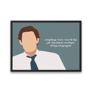 Puede incluir: Una ilustración digital de un hombre con camisa blanca y corbata azul sobre un fondo azul. El texto "everything I have I owe to this job... this stupid, wonderful, boring, amazing job" está escrito en cursiva blanca.