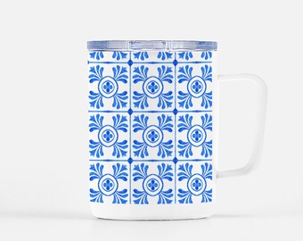 Grandma Chic Blue and White Tile Pattern Travel Mug