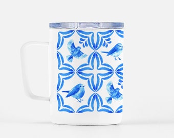 Blue and White Bird Tile Travel Mug with Lid - Grandmillenial Style