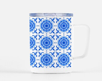 Blue and White Circle Tile Travel Mug with Lid - Grand Millennial Style