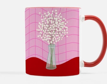 Pink + Red Background, White Floral Vase, Red Handle Mug 11oz