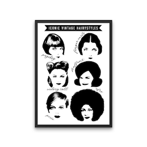 Vintage Hairstyles Art Print – Retro Hair Salon Decor, Iconic Black and White Poster, 1960s Hair Art, Printable Wall Art