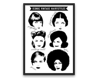 Vintage Hairstyles Art Print – Retro Hair Salon Decor, Iconic Black and White Poster, 1960s Hair Art, Printable Wall Art