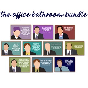 May include: A set of 10 printable wall art prints featuring characters from the TV show "The Office" with quotes about the bathroom. The prints are in a variety of colors and feature a wood-grain frame.
