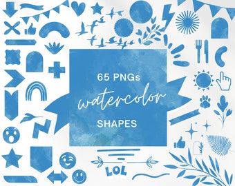 Blue Watercolor Shape Bundle Set | smiley faces, leaves, floral graphics PNG Clip art for commercial use