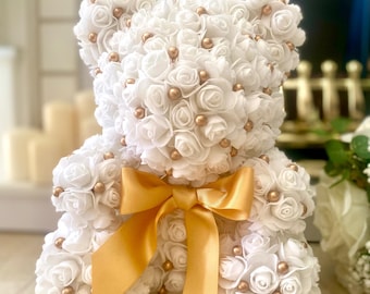 Pearl Rose Bear Fake Flowers Gift For Her, Teddy Bear Birthday Custom Gift, Forever Rose Flower Bear Valentine Gift, Eternal Roses Mom Gift