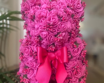 Hot Pink Rose Bear Gift For Her, Teddy Bear Birthday Custom Gift, Forever Roses Cyclamen Flower Bear Valentine Gift, Eternal Roses Mom Gift