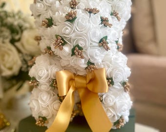 White Gold Rose Bear Gift For Her, Teddy Bear Birthday Custom Gift, Forever Rose Flower Bear Valentine Girlfriend Gift Eternal Rose Mom Gift
