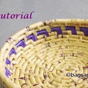 May include: Close-up of a woven basket with a spiral design. The basket is made of light beige material with purple accents. The word "tutorial" is written in purple on the top left.