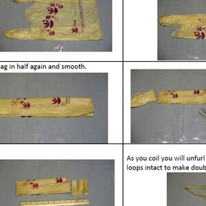 May include: Step-by-step images demonstrating how to repurpose a yellow plastic shopping bag. The bag is folded, cut, and prepared for an unspecified craft project. Scissors and a ruler are also visible.