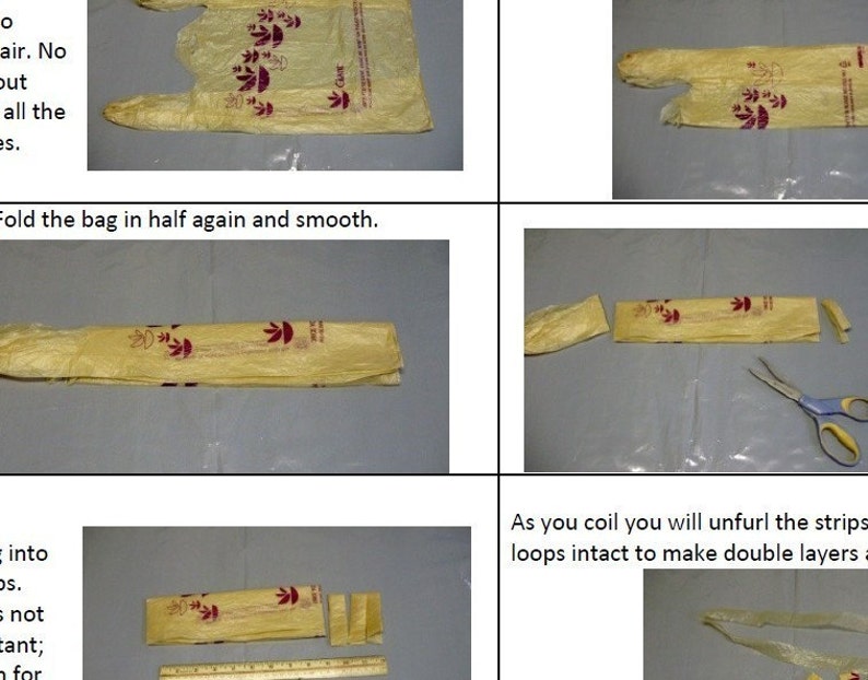 May include: Step-by-step images demonstrating how to repurpose a yellow plastic shopping bag. The bag is folded, cut, and prepared for an unspecified craft project. Scissors and a ruler are also visible.