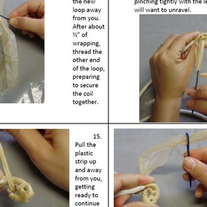 May include: Step-by-step images demonstrating a craft project. The images show hands manipulating plastic strips and a blue tool to create a coiled design. Text in the images provides instructions for the craft.