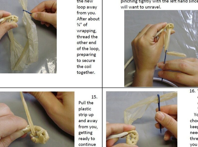 May include: Step-by-step images demonstrating a craft project. The images show hands manipulating plastic strips and a blue tool to create a coiled design. Text in the images provides instructions for the craft.