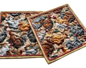 Handmade Quilted Rooster Pot Holder Set: Chicken Decor (Set of 2)