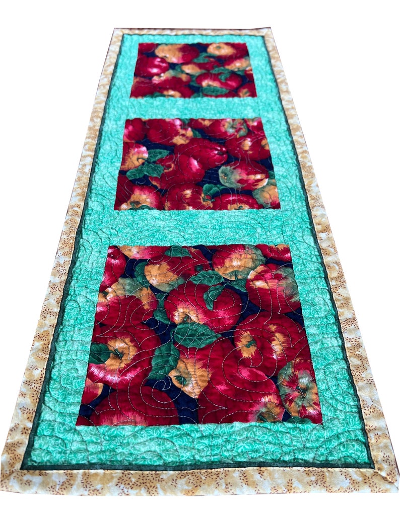 Apple Quilted Table Runner, Handmade, Patchwork Runner, Modern Table Runner, Centerpiece Mat, Quilted Table Mat 9 wide x 23-3/4 long image 2