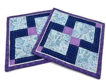 Quilted Pot Holder Set of 2, Purple and Blue