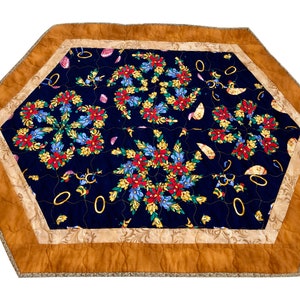Handmade Quilted Table Topper – Blue and Brown – 22-3/4” wide x 31-1/4” long