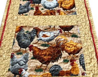 Rooster Table Runner, Chicken Table Runner, Quilted Table Topper, Handmade Quilted Table Runner, Quilted Wall Hanging, Handmade Table Mat