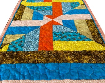 Bright Quilted Table Runner, Handmade, Patchwork, Quilted Wall Hanging, Modern, Centerpiece Mat, Quilted Table Mat – 14” wide x 39-1/2” long