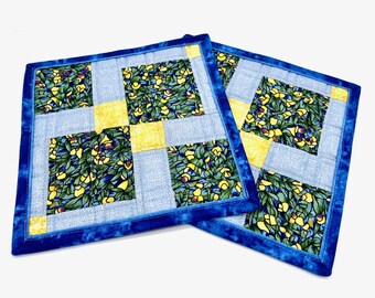 Handmade Quilted Pot Holder Set of 2, Hot Pads, Trivets, Mug Rugs, Candle Mats, Kitchen Decor, Bllue and Yellow
