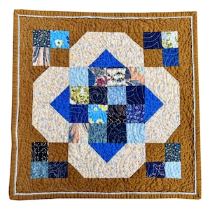 Handmade Quilted Table Topper: Blue & Brown Scrappy Design, 18&quot; Square