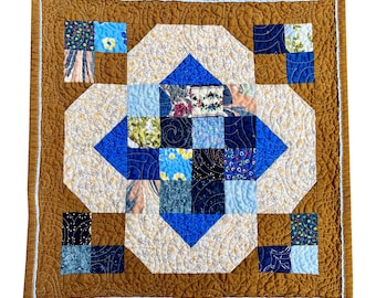 Handmade Quilted Table Topper: Blue & Brown Scrappy Design, 18" Square