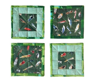 Fishing Themed Coasters, Handmade Fabric Drink Coasters, Gift for Fisherman, Fishing Trivet Set, Quilted Coasters (Set of 4)