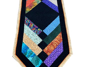 Handmade Quilted French Braid Table Runner: Colorful Patchwork, 13.5x37 in