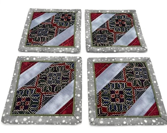 Quilted Coaster Set, Handmade, Gray and Burnt Red - Available in Sets of 2 and 4
