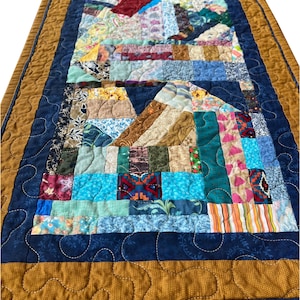 Handmade Quilted Table Runner, Brown and Blue - 16-3/4” wide x 26-3/4” long