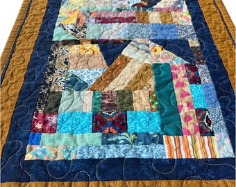 Handmade Quilted Table Runner, Brown and Blue - 16-3/4” wide x 26-3/4” long