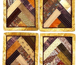 Quilted Coasters Set, Handmade Fabric Trivets - Available in Sets of 2 and 4, Brown and Gold