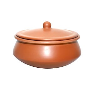 May include: A round, terracotta-colored clay pot with a smooth, matte finish. The vessel features a wide, curved body that tapers toward the base and includes a matching circular lid with a small, rounded knob handle centered on the top.