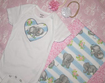 BABY ELEPHANT Gift Set ~ Such a Cute Shower Gift Set ~ One Piece Bodysuits ~ Pink or White Rosette~ Loop Headband ~ the perfect Burp Cloth